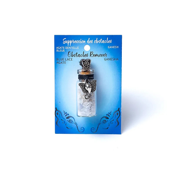 Bouteille cadeau en verre et cordon avec agate bleue en dentelle et Ganesha